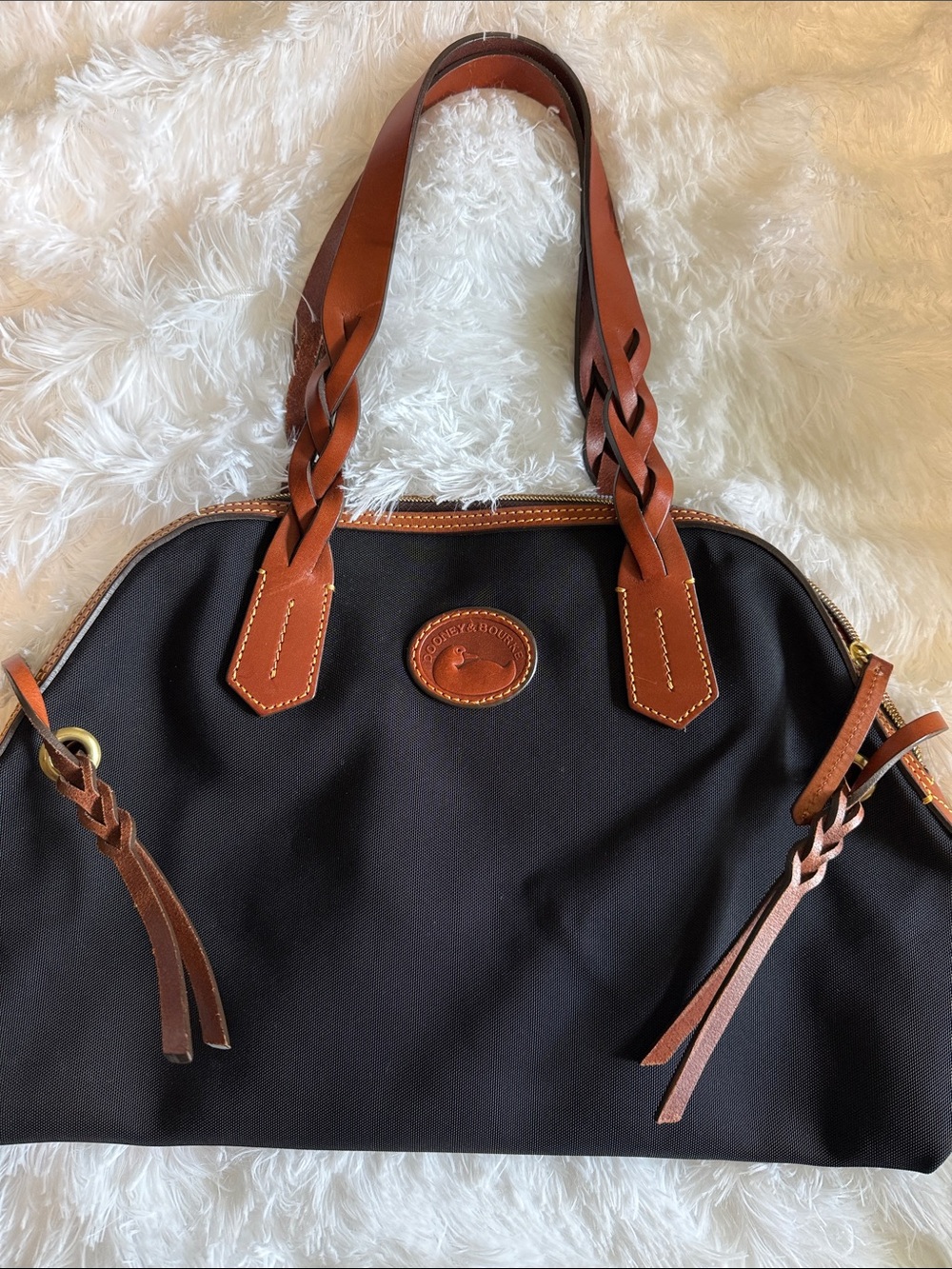 Dooney & Bourke Black Nylon Shoulder Bag with Brown Leather Trim